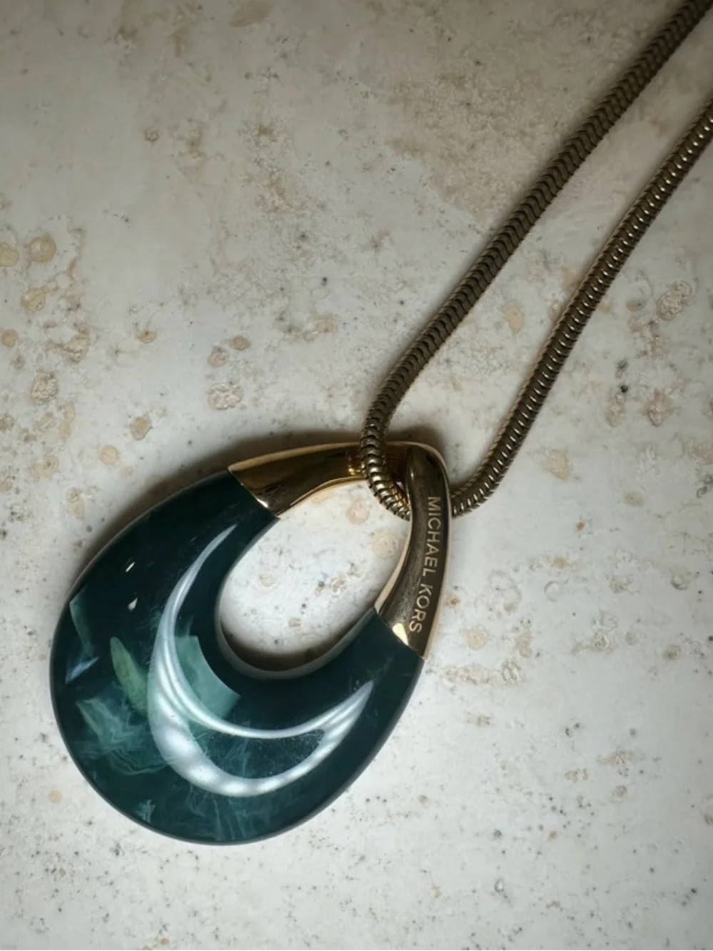 Michael Kors Dark Green Marbled Resin Drop Necklace with Gold-Tone Accents